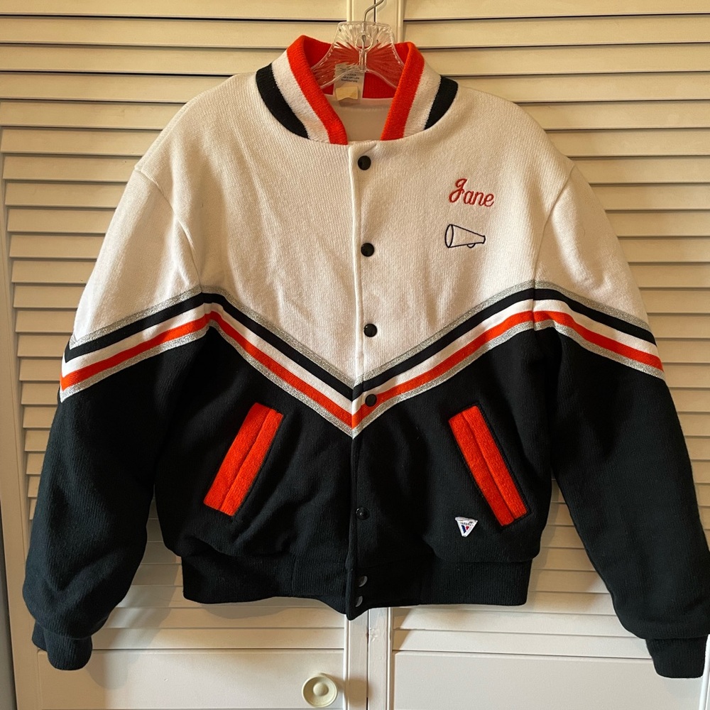 Varsity Adult Cheer Jacket Size Medium Embroidered Black Orange White Silver